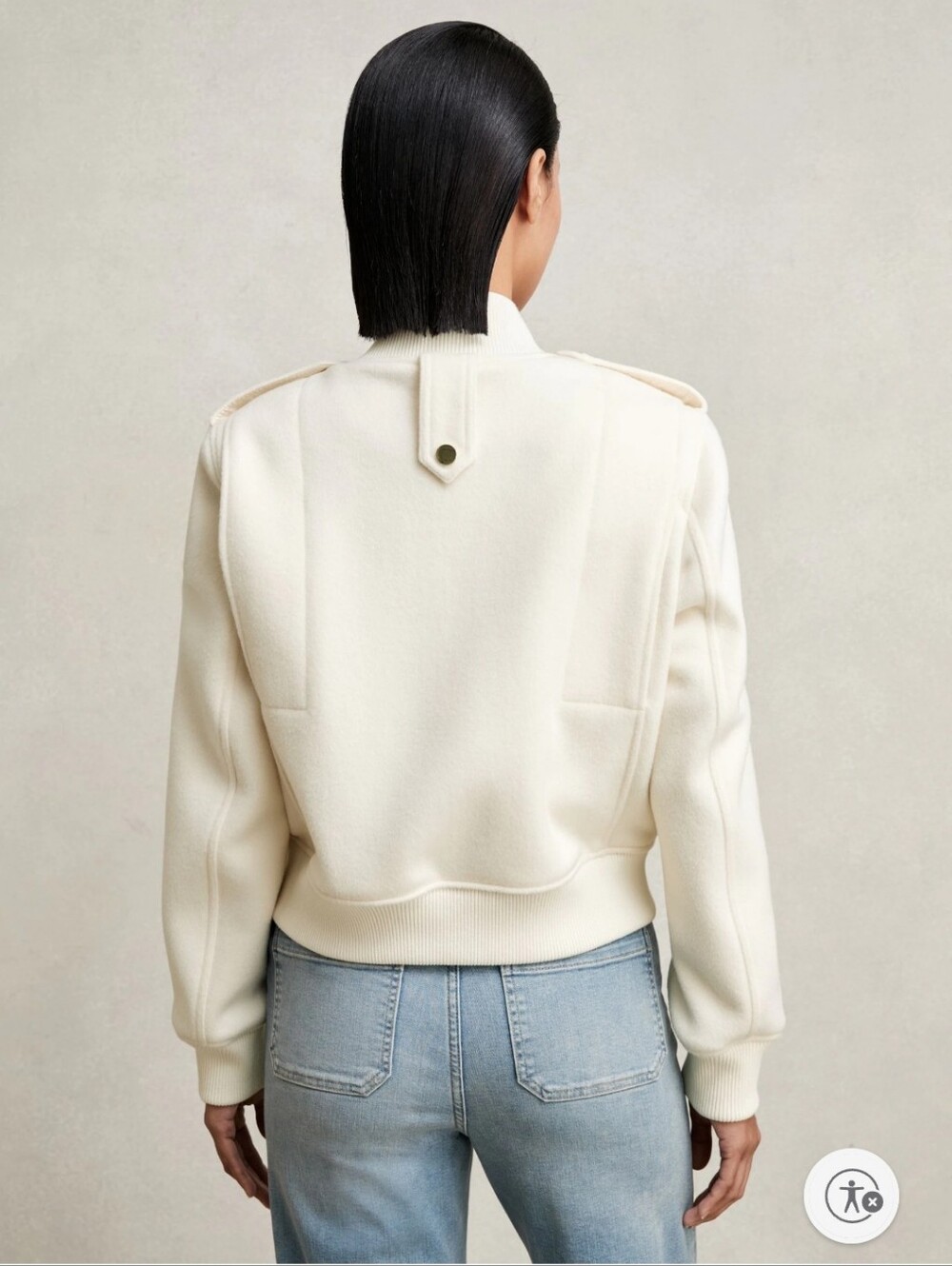 New. No Tag, Epaulette Bomber Jacket Cream with Gold Hardware, Brush Wool. - Picture 5 of 7